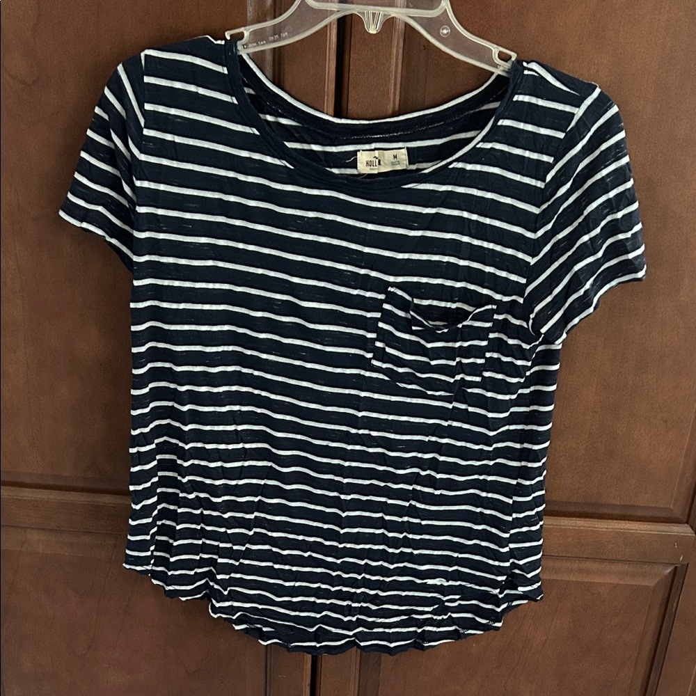 Hollister Navy and White Striped Short Sleeve Tee